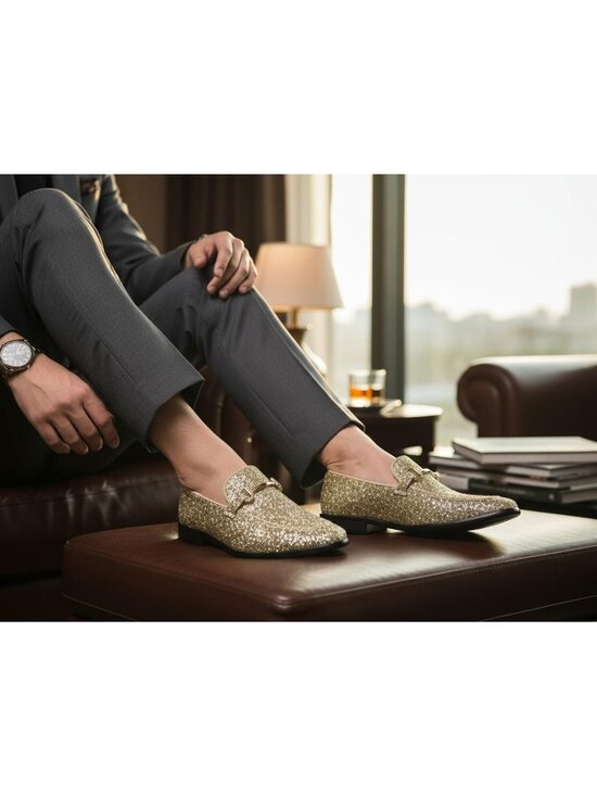 Metrocharm Men\'s Gold Glitter Rubber Velvet Loafers Gold Buckle Slip On Shoes main image 7